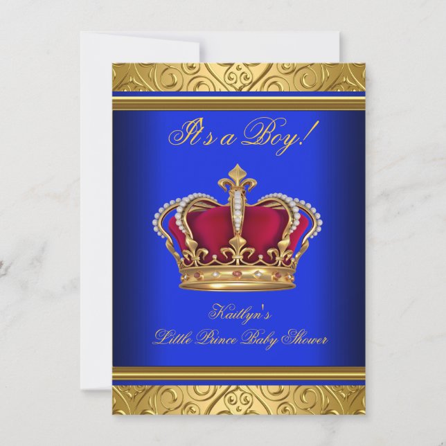 Invitation Royal Bleu Damassé Or Fête de Naissance Garçon Rég (Devant)