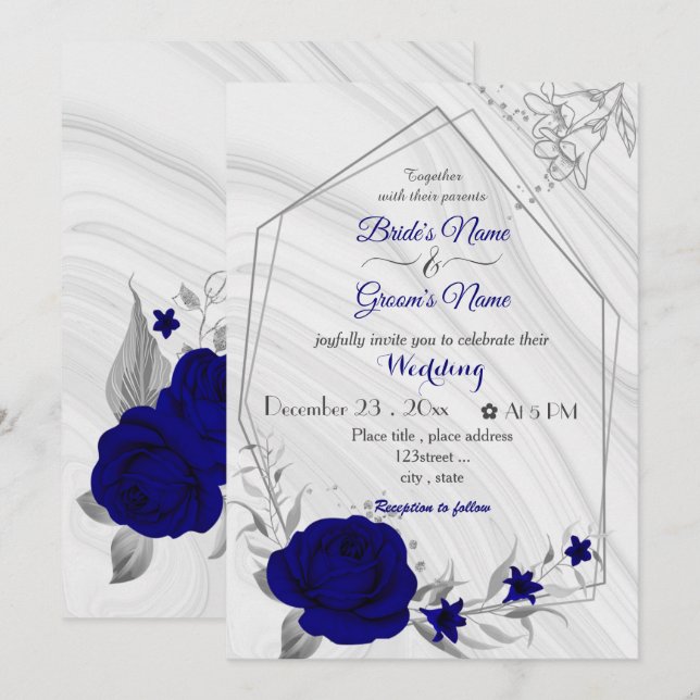 Invitation royal bleu fleurs argent géométrique mariage invit (Devant / Derrière)