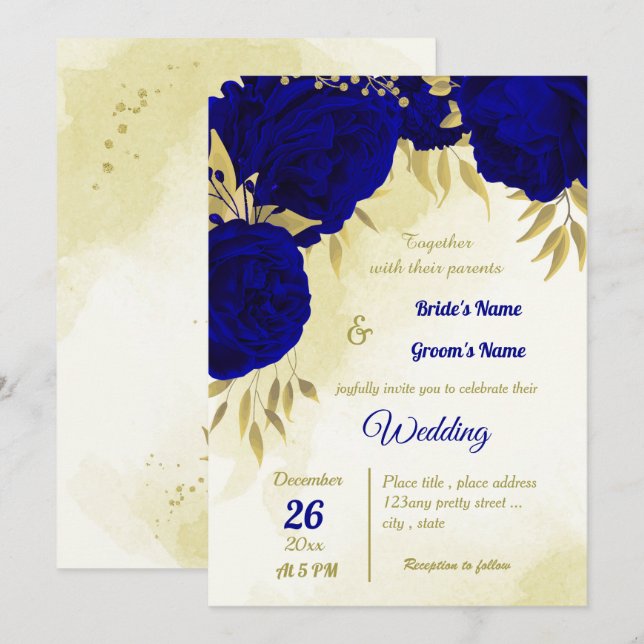 Invitation Royal bleu fleurs or feuille mariage (Devant / Derrière)