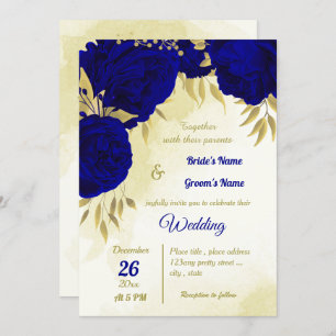 Invitation Royal bleu fleurs or feuille mariage