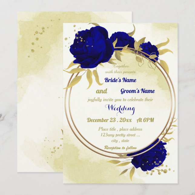 Invitation Royal bleu fleurs or feuille mariage (Devant / Derrière)
