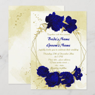 Invitation Royal bleu fleurs or feuille mariage