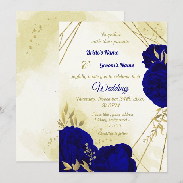 Invitation Royal bleu fleurs or feuille mariage (Devant / Derrière)