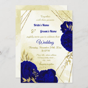 Invitation Royal bleu fleurs or feuille mariage