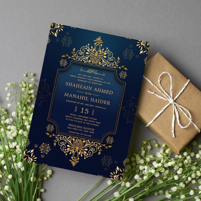 Invitation Royal bleu foncé or Floral Élégant Mariage musulma (Créateur téléchargé)
