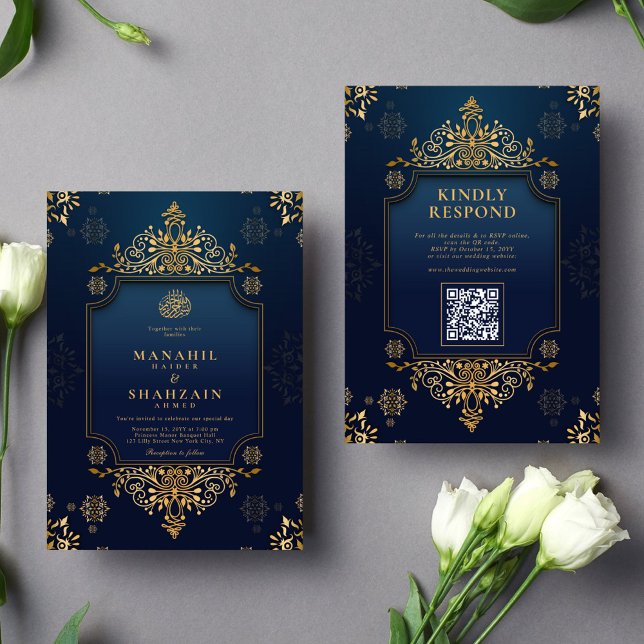 Invitation Royal bleu foncé or Floral QR Code Musulman Mariag (Créateur téléchargé)