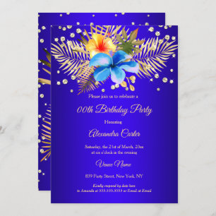 Invitation Royal bleu Jaune or floral fête d'anniversaire
