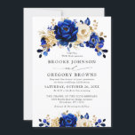 Invitation Royal Bleu Jaune Or Mariage métallique Floral<br><div class="desc">Elégant faire-part de mariage à thème bleu royal avec élégant bouquet de bleu royal,  marine,  or,  jaune des bourgeons de fleurs roses et des feuilles d'eucalyptus. Veuillez me contacter pour toute aide sur la personnalisation ou si vous avez besoin d'un autre produit avec ce design.</div>