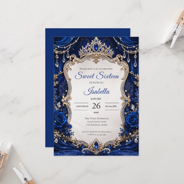 Invitation Royal Bleu Luxueux Argent Sweet 16 (Devant/Arrière en situation)