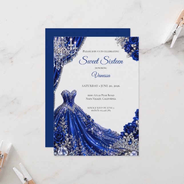 Invitation Royal Bleu Luxueux Argent Sweet 16 (Devant/Arrière en situation)