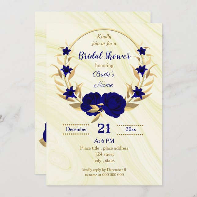 Invitation royal bleu or fleuri nuptiale (Devant / Derrière)