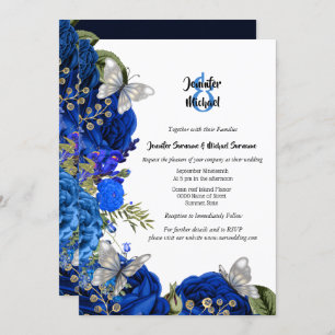Invitation Royal bleu rose argent papillon feuillage chic