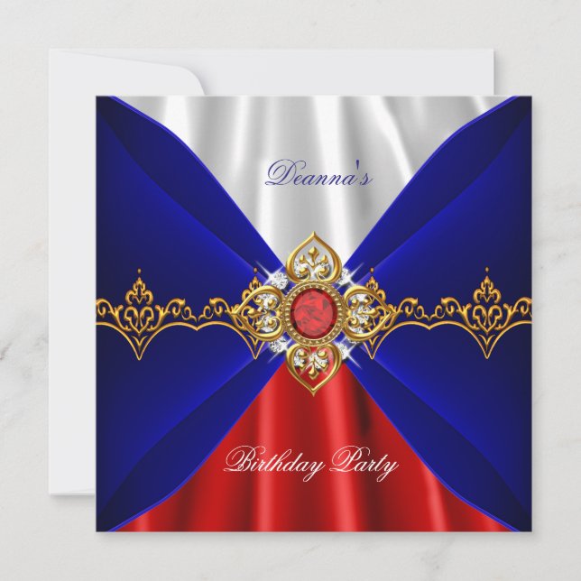 Invitation Royal Bleu Rouge Blanc Anniversaire Bijou d'or Soi (Devant)
