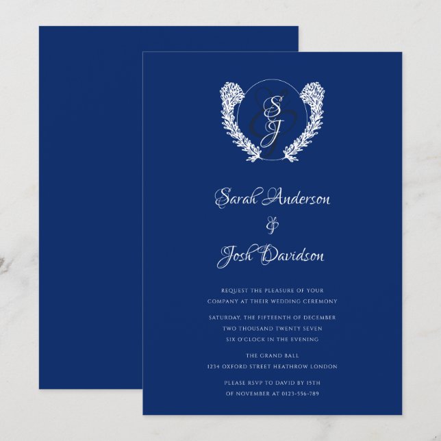 Invitation Royal Bleu Vintage Monogramme Classique (Devant / Derrière)