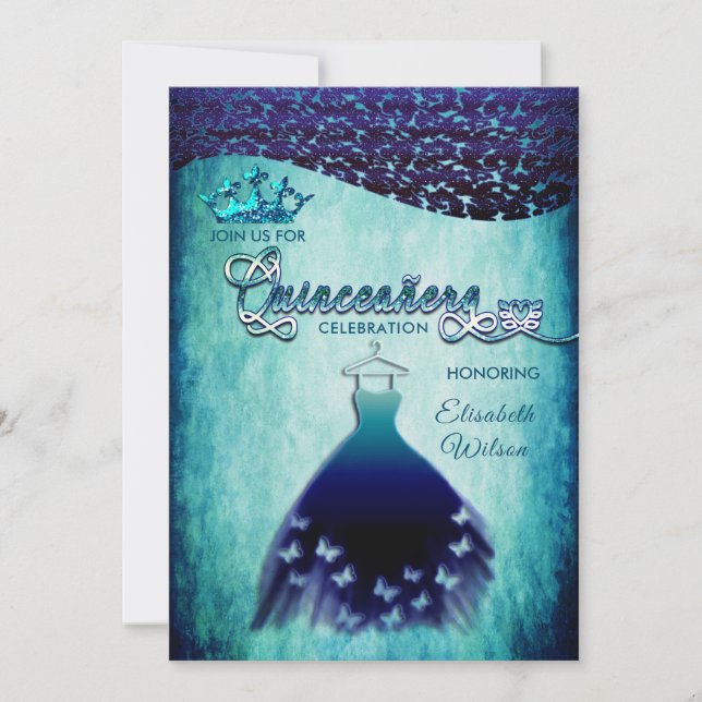 Invitation Royal bleu vintage robe damask tiara Quinceañera (Devant)