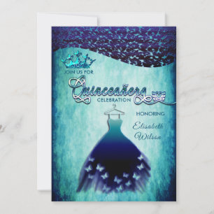 Invitation Royal bleu vintage robe damask tiara Quinceañera