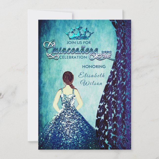 Invitation Royal bleu vintage robe damask tiara Quinceañera (Devant)