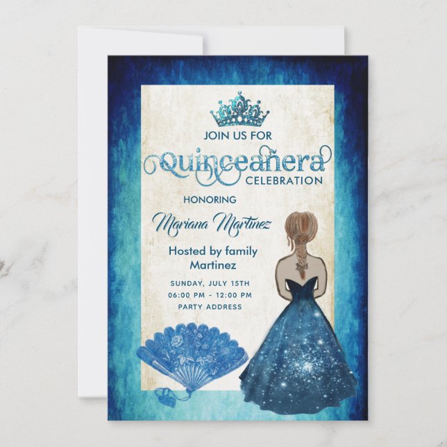 Invitation Royal bleu vintage ventilateur tiara Quince (Devant)