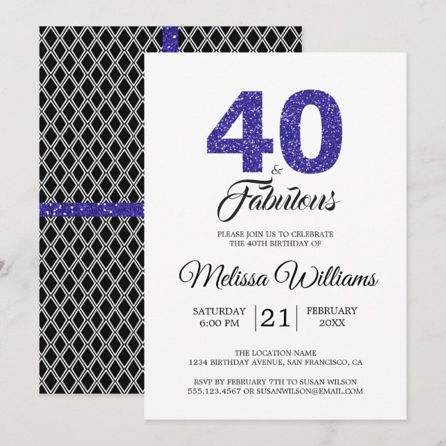 Invitation Royal Blue 40 et Fabulous| 40e anniversaire (Devant / Derrière)