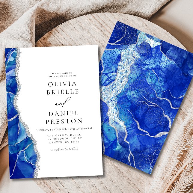 Invitation Royal Blue Agate Argent Mariage Moderne Élégant (Créateur téléchargé)