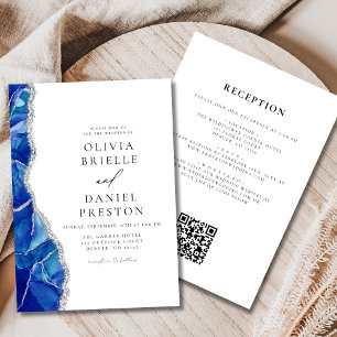 Invitation Royal Blue Agate Argent Mariage QR Code