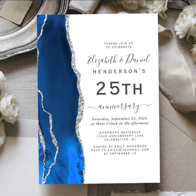 Invitation Royal Blue Agate Silver 25th Anniversary (Créateur téléchargé)