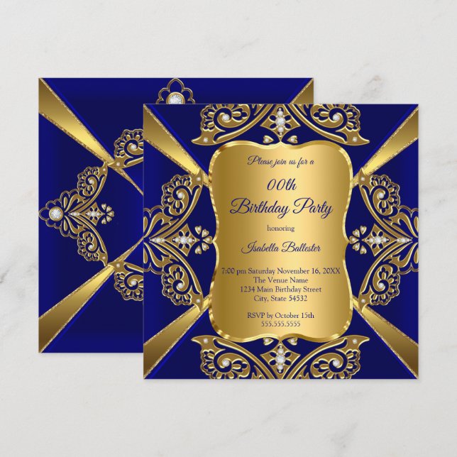 Invitation Royal Blue Ajouter Age Anniversaire Party Gold Dia (Devant / Derrière)