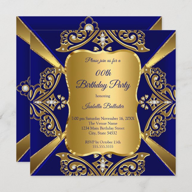 Invitation Royal Blue Ajouter Age Anniversaire Party Gold Dia (Devant / Derrière)