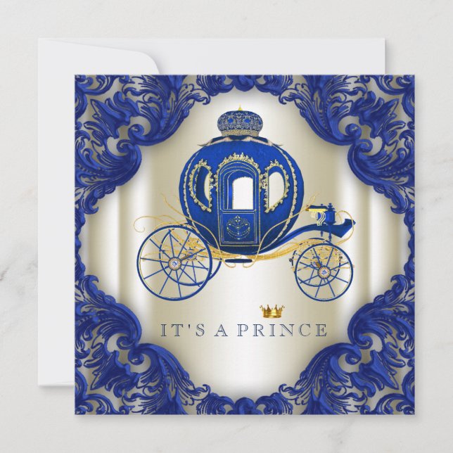 Invitation Royal Blue and Gold Carriage Prince Baby shower (Devant)