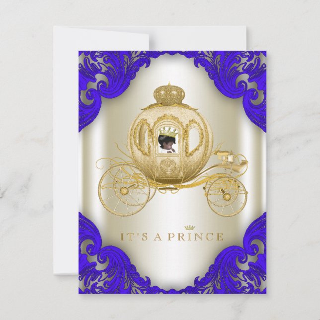 Invitation Royal Blue and Gold Carriage Prince Baby shower (Devant)