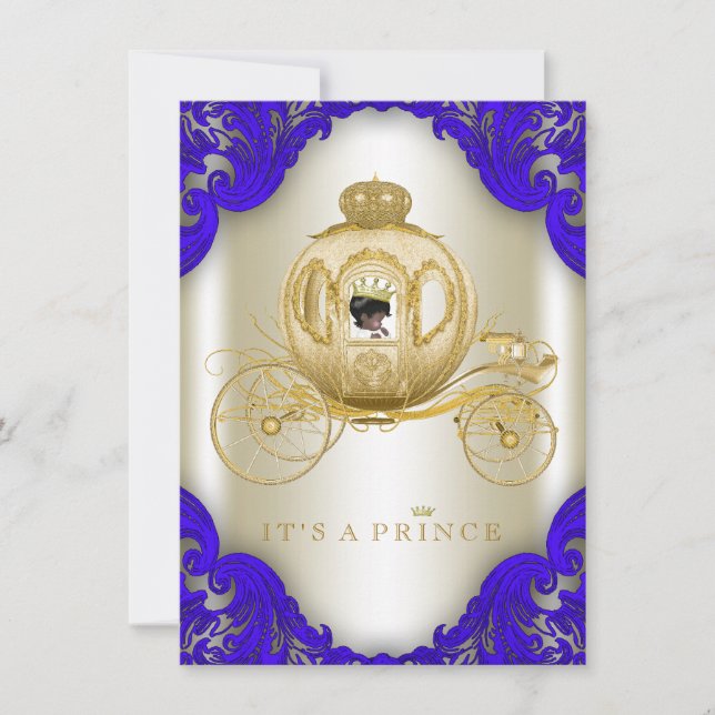 Invitation Royal Blue and Gold Carriage Prince Baby shower (Devant)