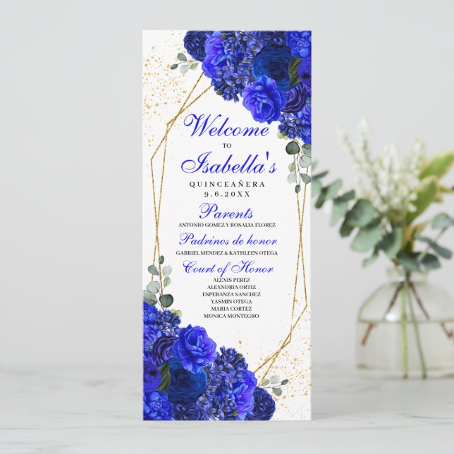 Invitation Royal Blue and Gold Floral Quinceanera Program (Debout devant)