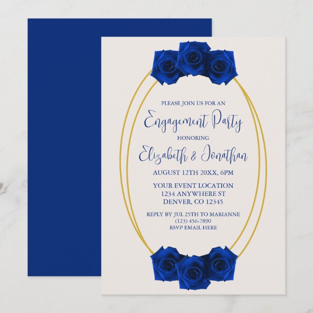 Invitation Royal Blue and Gold Geometry Engagement Party (Devant / Derrière)