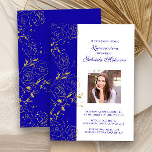 Invitation Royal Blue and Gold Quinceanera Photo élégante
