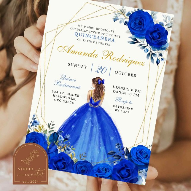 Invitation Royal blue and Gold Royal Crown Mexican Princesse (Créateur téléchargé)