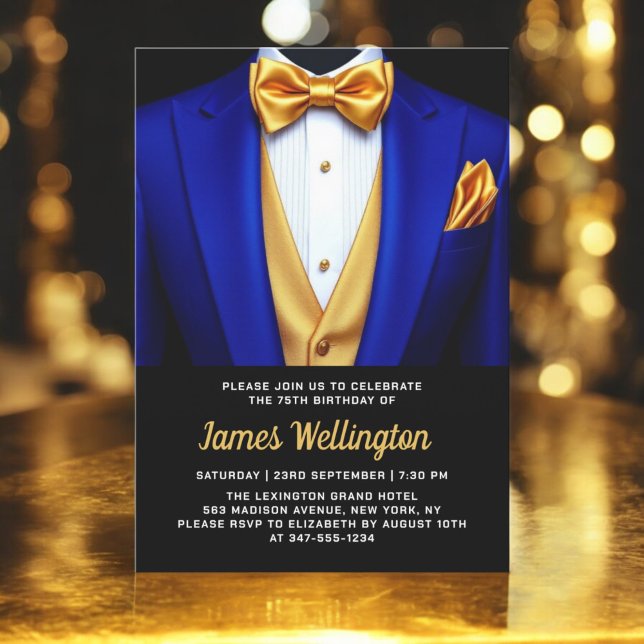 Invitation Royal Blue and Gold Tuxedo Birthday Event (Créateur téléchargé)