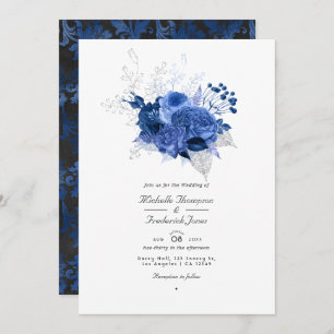 Invitation Royal Blue and Silver Floral QR Code RSVP Mariage