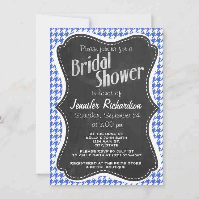 Invitation Royal Blue and White Houndstooth ; Chalkboard look (Devant)