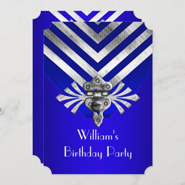 Invitation Royal Blue Anniversaire fête Silver Stripe (Devant / Derrière)