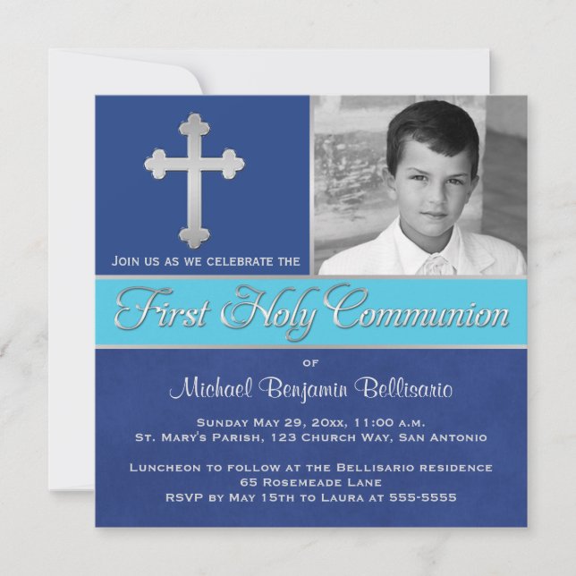 Invitation Royal Blue, Aqua 1st Holy Communion Photo Invitati (Devant)