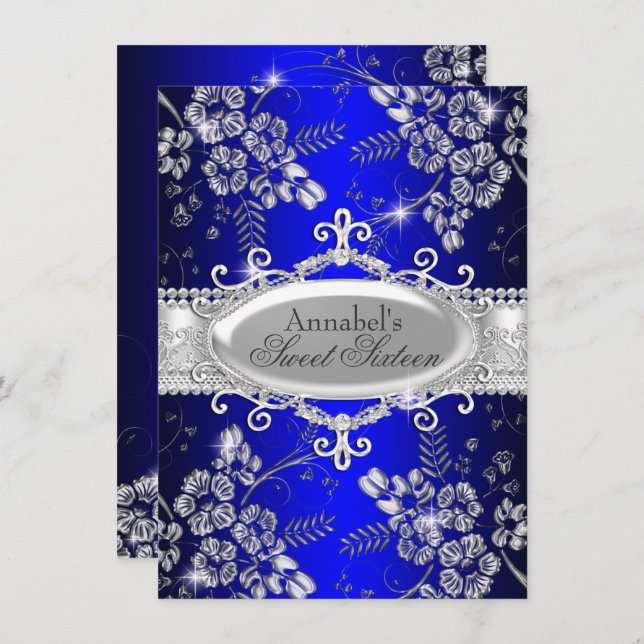 Invitation Royal Blue Argent Fleur étincelle Douce 16 Invitat (Devant / Derrière)