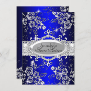 Invitation Royal Blue Argent Fleur étincelle Douce 16 Invitat