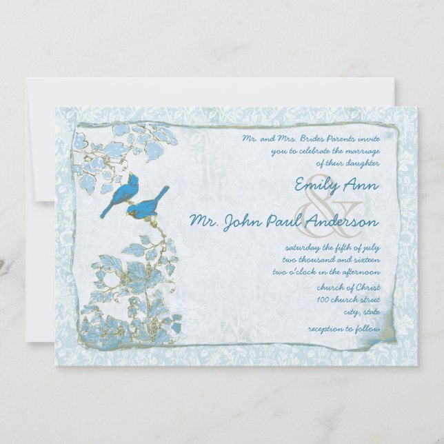 Invitation Royal Blue Birds Damask Pink Font Wedding Inviter (Devant)