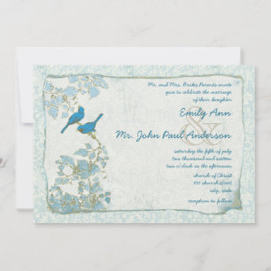 Invitation Royal Blue Birds Damask Pink Font Wedding Inviter