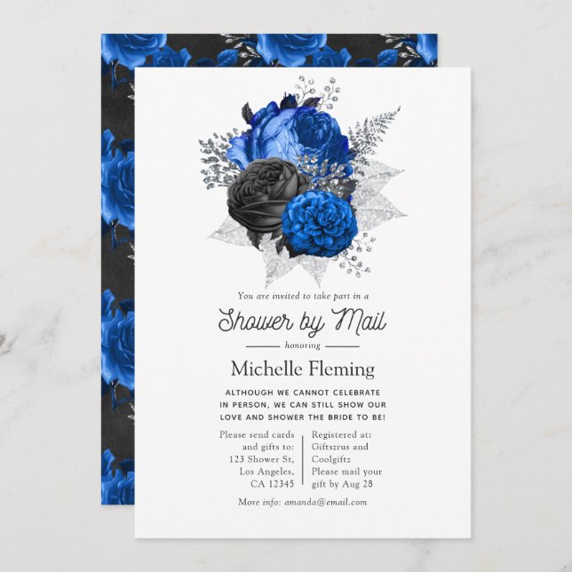 Invitation Royal Blue, Black and Silver Floral Douche par cou (Devant / Derrière)