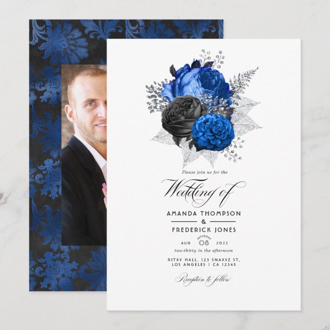 Invitation Royal Blue, Black and Silver Floral Mariage Photo (Devant / Derrière)