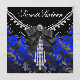 Invitation Royal Blue Black Damask Sweet sixteen Anniversaire