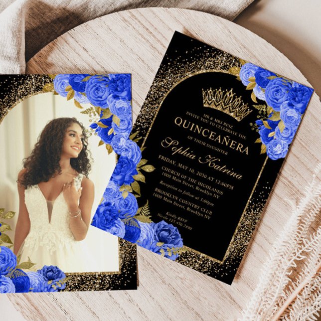 Invitation Royal Blue Black Gold Floral Photo Quinceanera (Créateur téléchargé)