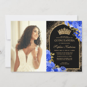 Invitation Royal Blue Black Gold Floral Photo Quinceanera