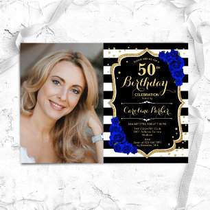 Invitation Royal Blue Black White Stripes Photo 50e anniversa